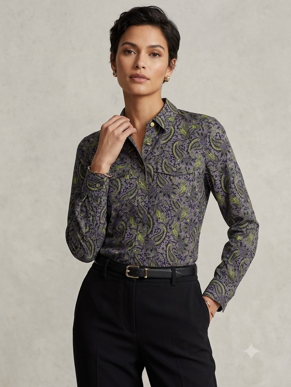Michael Kors Gray Green Paisley Cotton Statement Button Down Shirt Size L